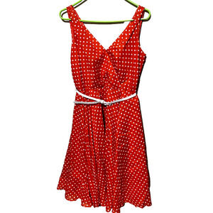 Nine West Orange Polka Dot Dress Belted Pin-up Rockabilly Retro Full Skirt Sz 4